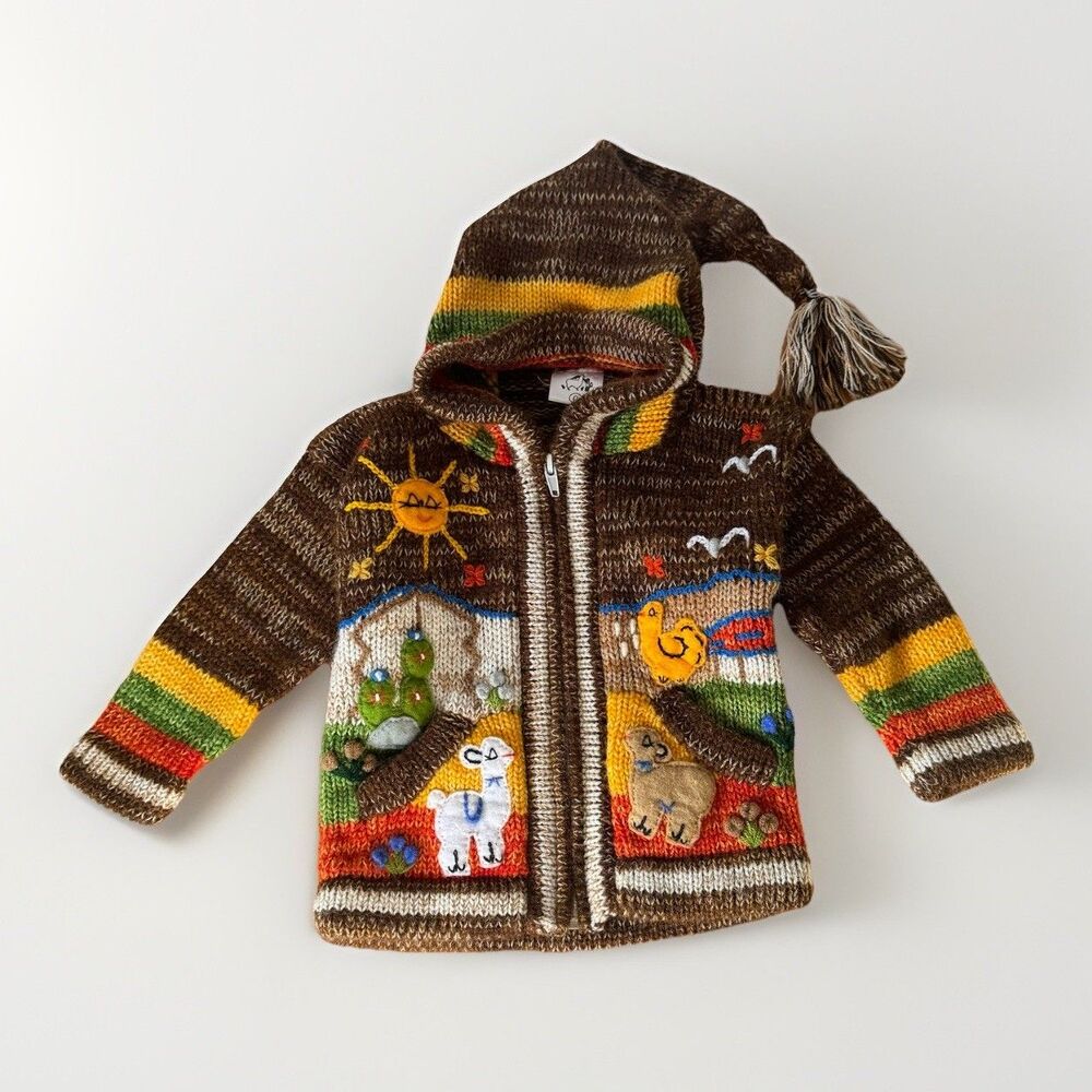 Hand Made Peruvian Knit Sweater Kids Zip Up Embroidered Sun Animals 6-9 Months